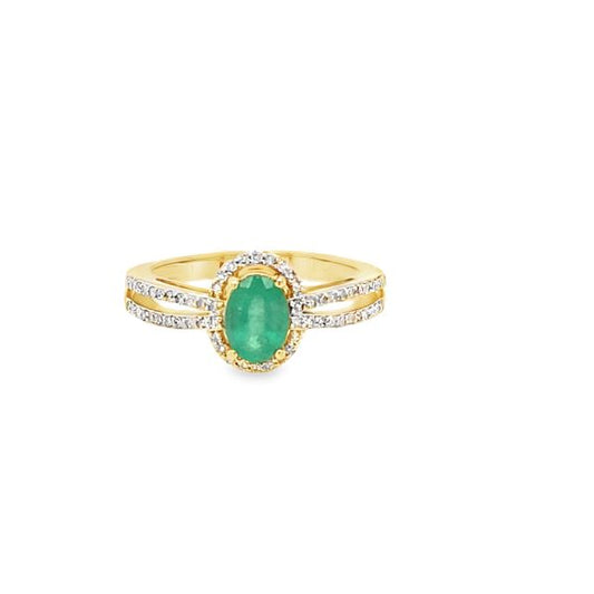 14k Yellow Gold 3.0g .27ct Natural Diamond / 7x5mm Emerald Halo Ring