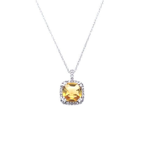 10k White Gold .08ct Diamond / Citrine Halo Pendant w/Chain